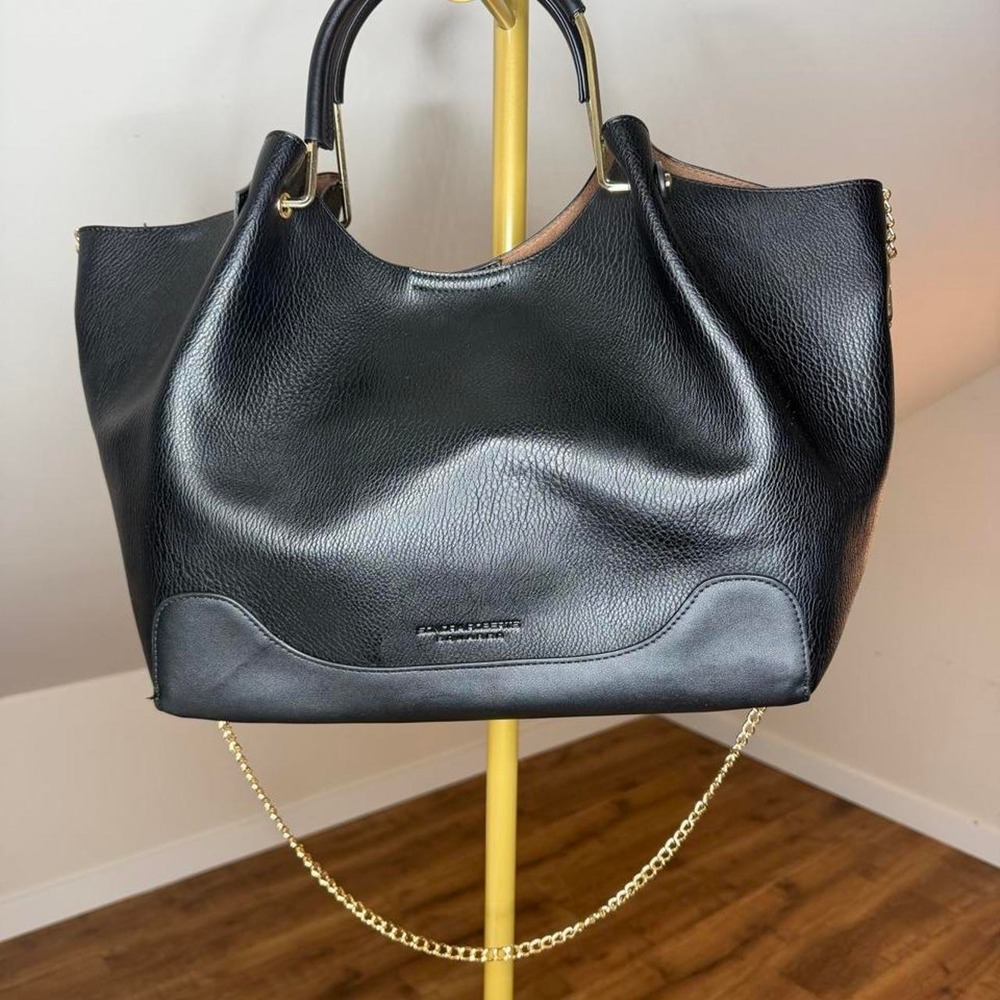 Sondra Roberts Squared Black Slouchy Tote Gold Chain Shoulder Bag Hobo Boho Fall